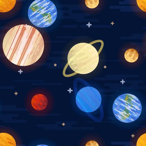 Space print. Seamless vector pattern. Different colored planets of the Solar system and stars. — Stock Vector