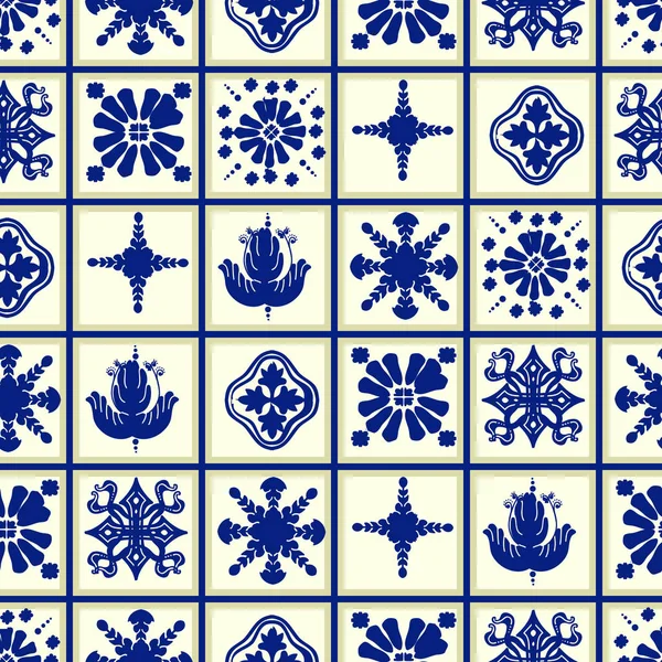 Modello di piastrelle vettoriali, Lisbona mosaico floreale, Mediterraneo senza cuciture blu navy ornamento — Vettoriale Stock