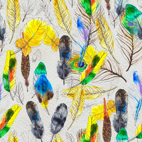 Watercolor feathers seamless pattern. Hand painted texture — Stock Photo, Image