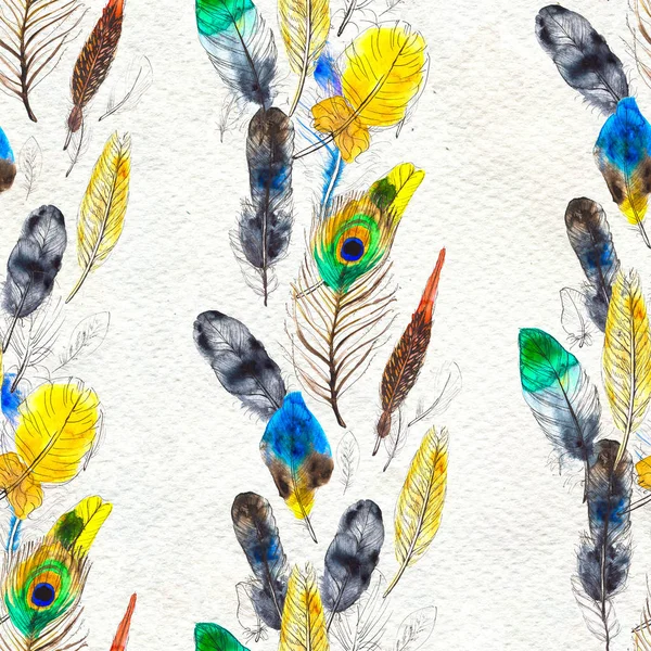 Watercolor feathers seamless pattern. Hand painted texture