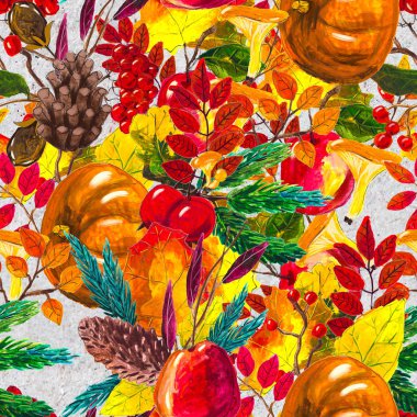 Sonbahar suluboya el, yapraklı, mantarlı ve kozalaklı kusursuz desenler çizdi.