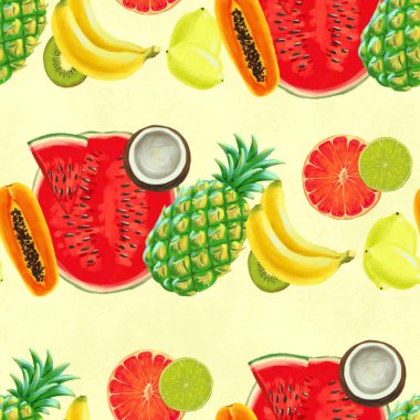 El çizimi pürüzsüz desen. Egzotik meyveli yaz arkaplanı.
