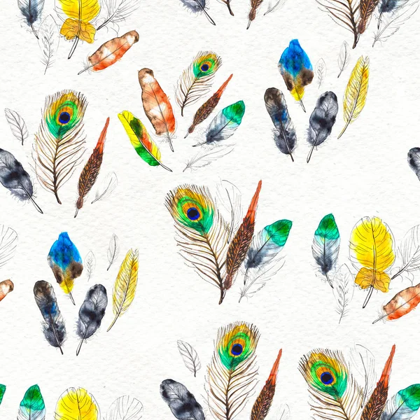 Watercolor feathers seamless pattern. Hand painted texture