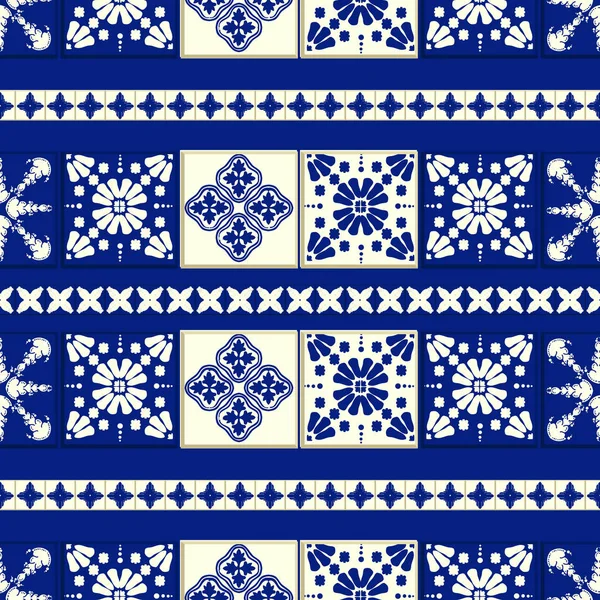 Motif de tuiles vectorielles, mosaïque florale de Lisbonne, ornement bleu marine sans couture méditerranéen — Image vectorielle