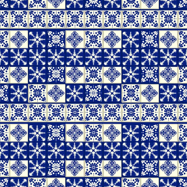 Modello di piastrelle vettoriali, Lisbona mosaico floreale, Mediterraneo senza cuciture blu navy ornamento — Vettoriale Stock