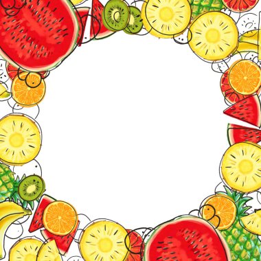 El çizimi egzotik meyve çerçevesi beyaz arkaplanda izole