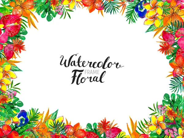 Watercolor Background with tropical plants and flowers