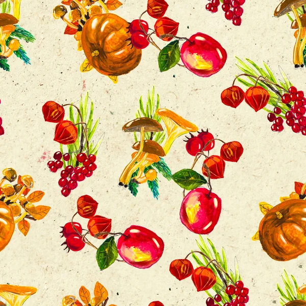 Outono aquarela desenhado à mão sem costura padrão com folhas cogumelos e pinhas — Fotografia de Stock