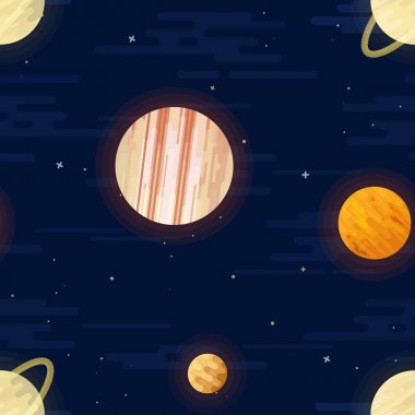 Yazdırma alanı. Sorunsuz vektör desen. Güneş sistemi ve yıldız gezegenlerin farklı renkli.