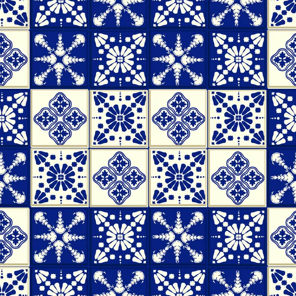 Motif de tuiles vectorielles, mosaïque florale de Lisbonne, ornement bleu marine sans couture méditerranéen — Image vectorielle