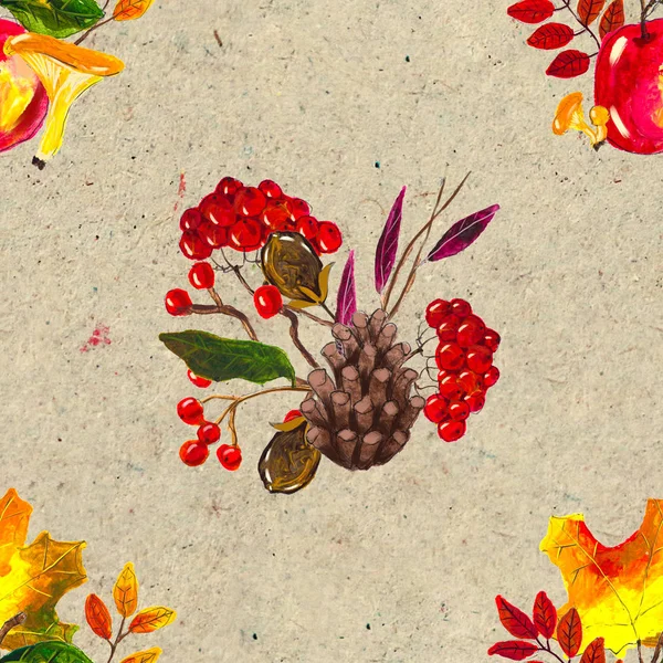 Automne aquarelle dessin à la main motif sans couture avec des feuilles de champignons et de cônes de pin — Photo