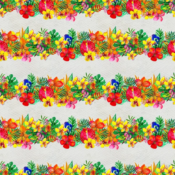 Απρόσκοπτη μοτίβο με τροπικά λουλούδια. Φόντο υδατογραφίας — Φωτογραφία Αρχείου