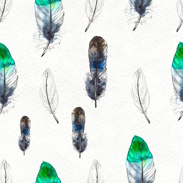 Watercolor feathers seamless pattern. Hand painted texture — Stock Photo, Image