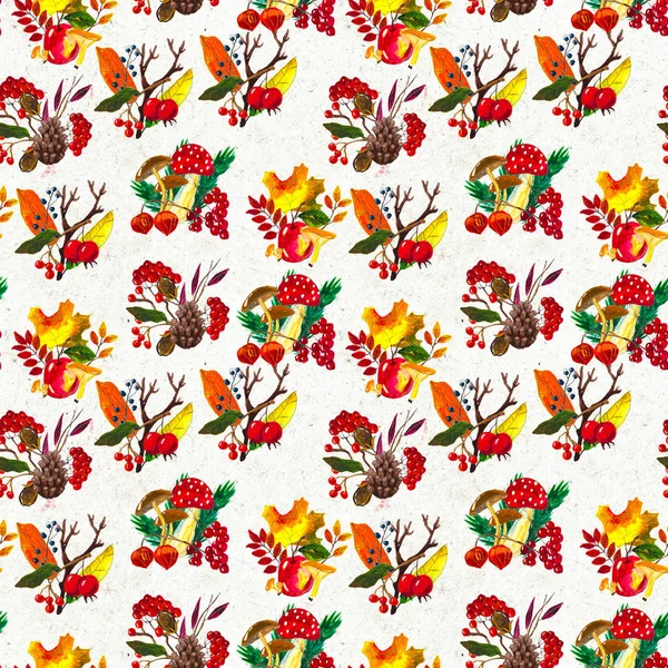 Autumn watercolor hand drawn seamless pattern with leaves mushrooms and pine cones — Stock Photo, Image