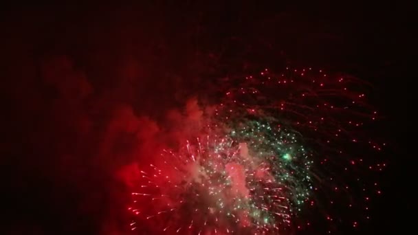 Explosive and colorful holiday fireworks at night sky. — Stock Video