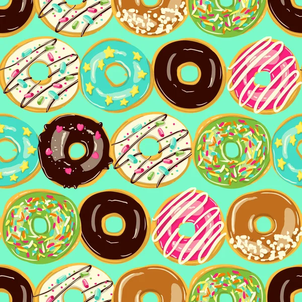 Esmaltado Donuts patrón sin costura. Panadería ilustración vectorial. Donuts Top View — Vector de stock