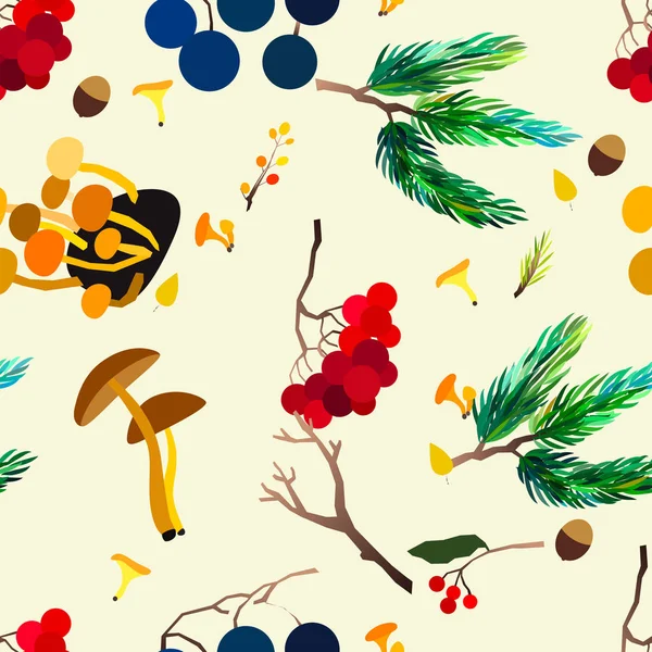 Autumn vector seamless pattern with berries, acorns, pine cone, mushrooms, branches and leaves. — Stock Vector