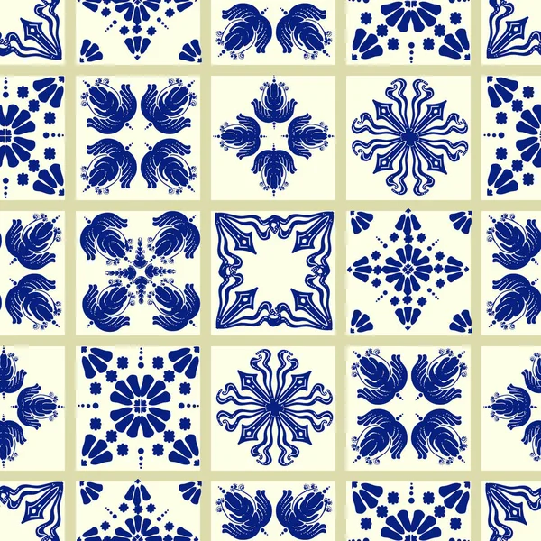 Motif de tuiles vectorielles, mosaïque florale de Lisbonne, ornement bleu marine sans couture méditerranéen — Image vectorielle