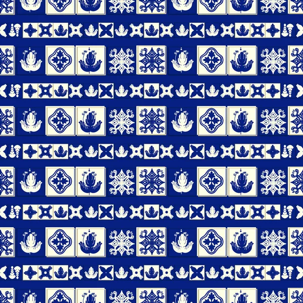 Modello di piastrelle vettoriali, Lisbona mosaico floreale, Mediterraneo senza cuciture blu navy ornamento — Vettoriale Stock