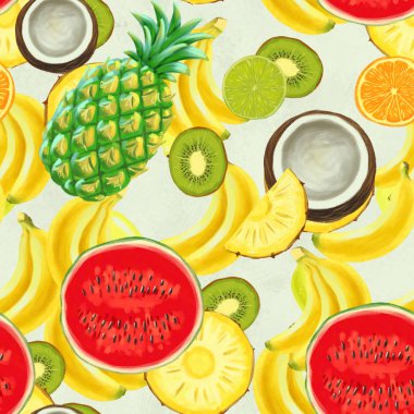 El çizimi pürüzsüz desen. Egzotik meyveli yaz arkaplanı.