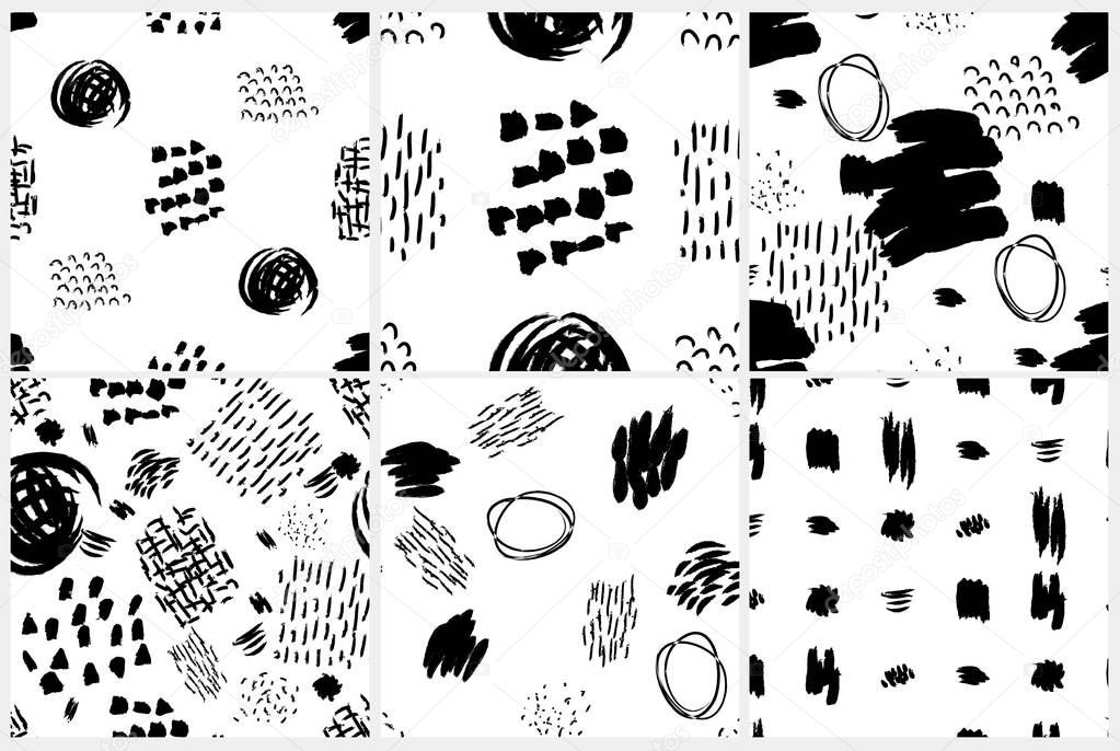 Vector seamless pattern set. Abstract backgrounds with brush strokes. Ink painted hand made texture