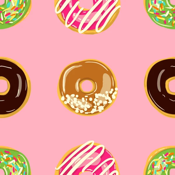 Esmaltado Donuts patrón sin costura. Panadería ilustración vectorial. Donuts Top View — Archivo Imágenes Vectoriales