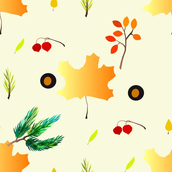 有浆果、橡子、松果、蘑菇、枝条和叶子的秋天病媒无缝图案. — 图库矢量图片