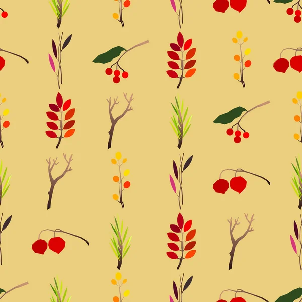 有浆果、橡子、松果、蘑菇、枝条和叶子的秋天病媒无缝图案. — 图库矢量图片
