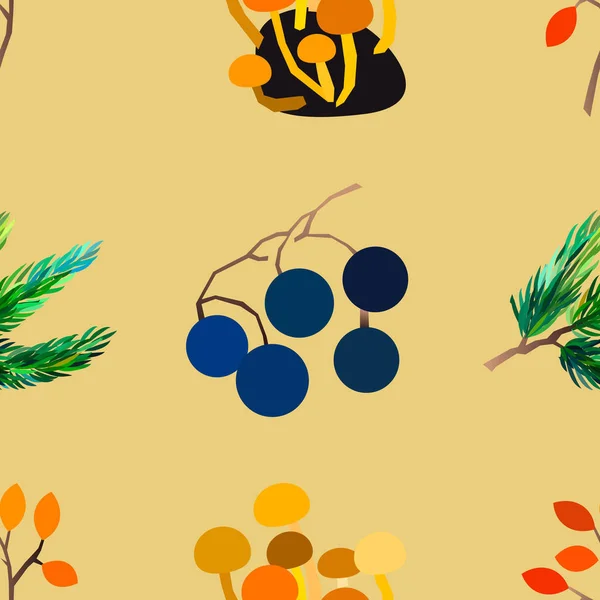 Autumn vector seamless pattern with berries, acorns, pine cone, mushrooms, branches and leaves. — Stock Vector