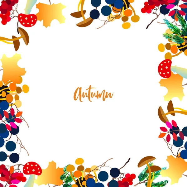 秋天的矢量框架与浆果，橡子，松果，蘑菇，树枝和叶子. — 图库矢量图片
