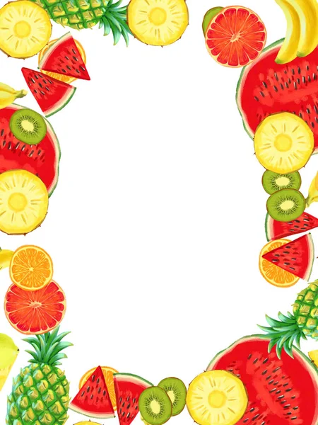Ręcznie rysowane Egzotyczne Owoce bordder izolowane na białym tle — Zdjęcie stockowe