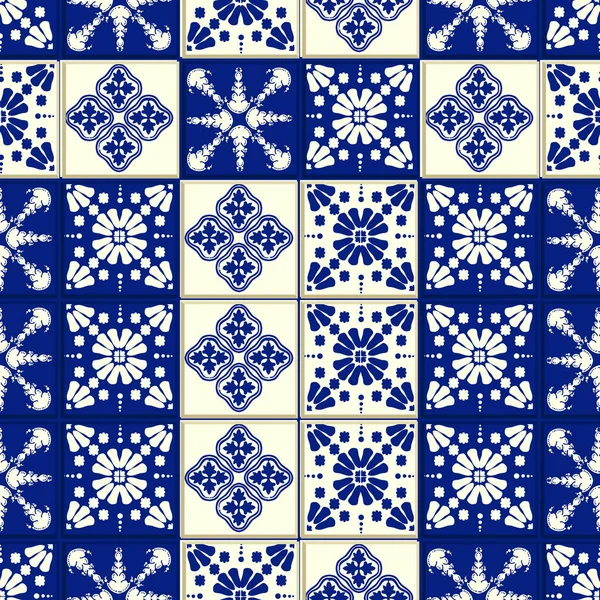 Patrón de azulejo vectorial, Lisboa mosaico floral, ornamento azul marino sin costuras mediterráneas — Archivo Imágenes Vectoriales