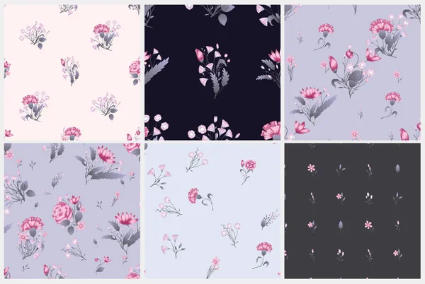 Conjunto de padrões sem costura. Design floral vetorial com rosas. Impressão de fundo romântica — Vetor de Stock