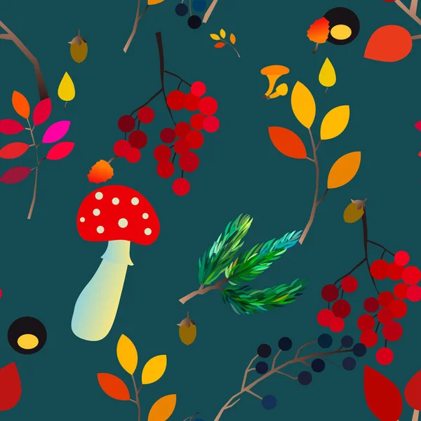 Motif sans couture vectoriel d'automne avec baies, glands, cône de pin, champignons, branches et feuilles. — Image vectorielle