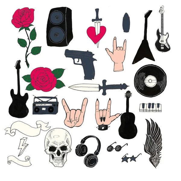 Rock-n-roll set of objects. Abstract music hand drawn collection — Stock Photo, Image