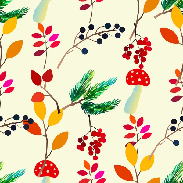 Motif sans couture vectoriel d'automne avec baies, glands, cône de pin, champignons, branches et feuilles. — Image vectorielle