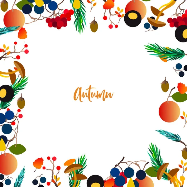 Осенний векторный каркас с ягодами, желудями, шишкой, грибами, ветвями и листьями . — стоковый вектор