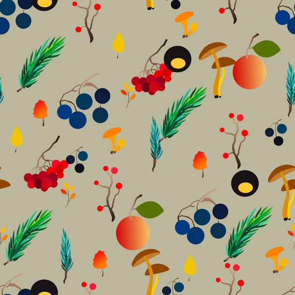 Autumn vector seamless pattern with berries, acorns, pine cone, mushrooms, branches and leaves. — Stock Vector