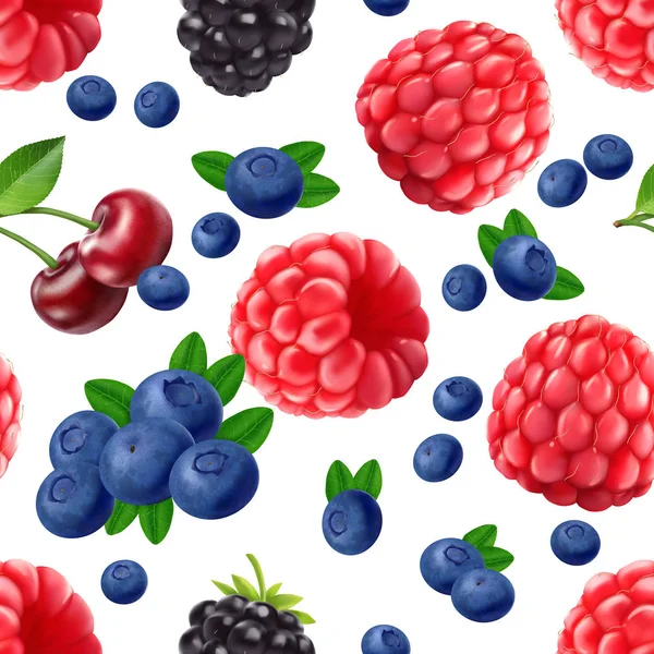 BlackBerry Blueberry Cherry i malina bezszwowe wzór. 3D realistyczne jagody wektor. — Wektor stockowy