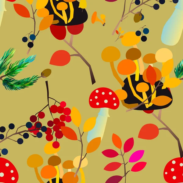 열매, 송곳니, 솔방울, 버섯, 가지, 잎이 있는 가을 벡터 거무스름 한 패턴. — 스톡 벡터