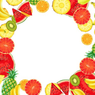 El çizimi egzotik meyve çerçevesi beyaz arkaplanda izole