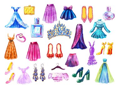 Moda seti. Suluboya el çizimi elbise ve aksesuar koleksiyonu