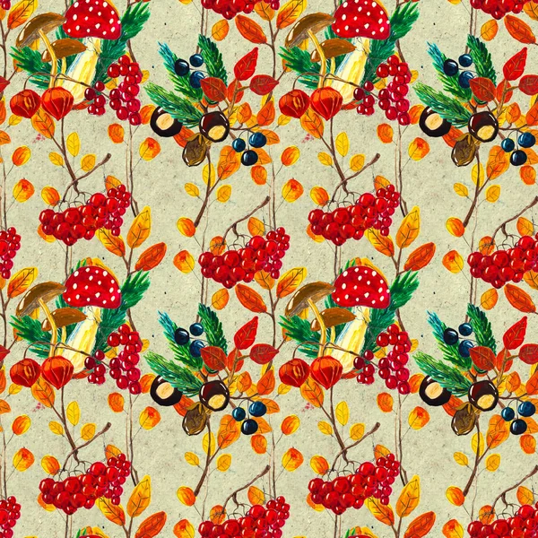 Autumn watercolor hand drawn seamless pattern with leaves mushrooms and pine cones — Stock Photo, Image