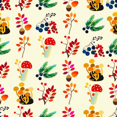 Böğürtlen, meşe palamudu, kozalak, mantar, dallı ve yapraklı sonbahar vektörü..