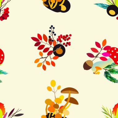 Böğürtlen, meşe palamudu, kozalak, mantar, dallı ve yapraklı sonbahar vektörü..