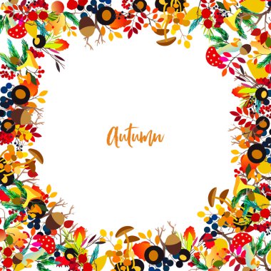 Çilek, meşe palamudu, çam kozalağı, mantar, dal ve yapraklı sonbahar vektör çerçevesi.