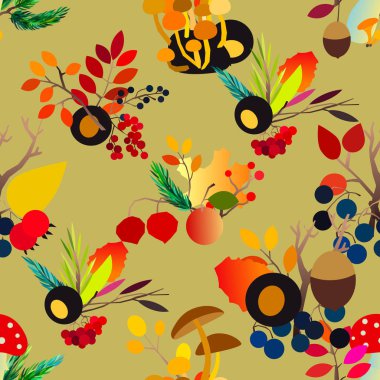 Böğürtlen, meşe palamudu, kozalak, mantar, dallı ve yapraklı sonbahar vektörü..