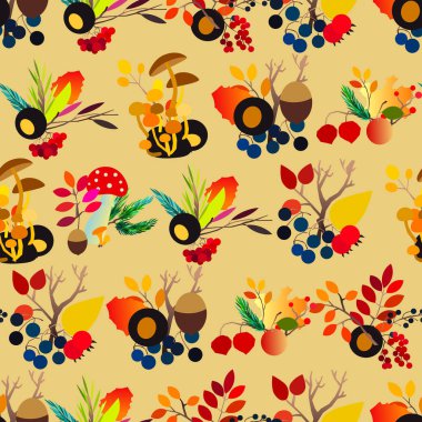 Böğürtlen, meşe palamudu, kozalak, mantar, dallı ve yapraklı sonbahar vektörü..