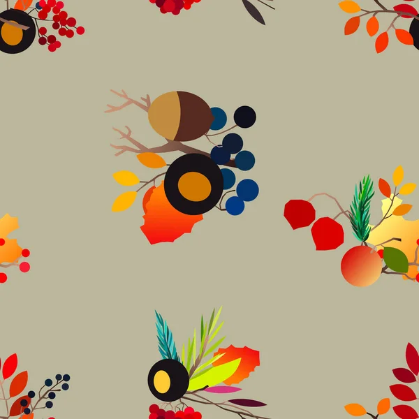 Jesienny wektor bezszwowy wzór z jagodami, żołędziami, szyszką sosnową, grzybami, gałęziami i liśćmi. — Wektor stockowy