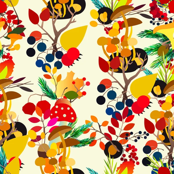 Motif sans couture vectoriel d'automne avec baies, glands, cône de pin, champignons, branches et feuilles. — Image vectorielle